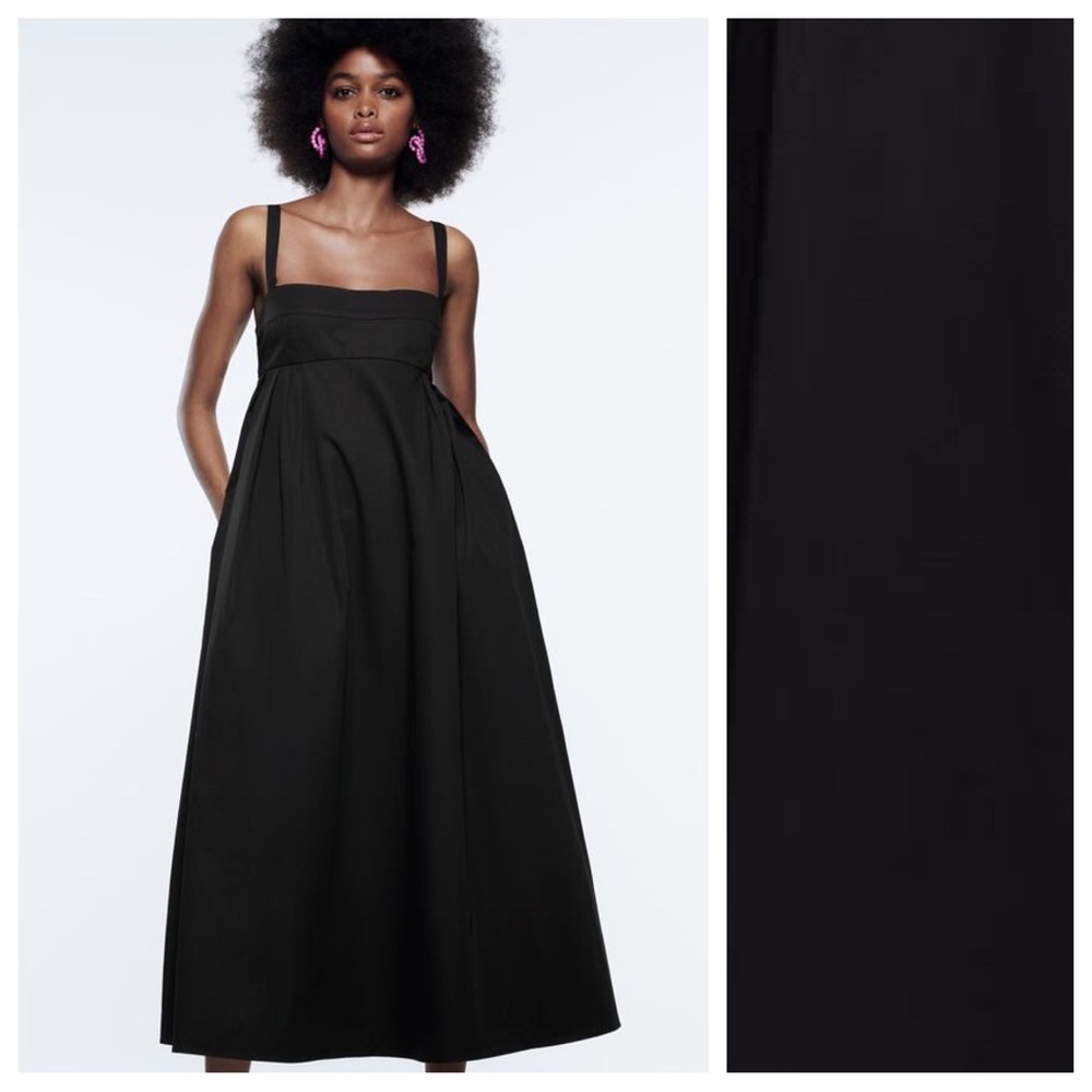 NWT. New with tags. Zara Black Poplin Voluminous Midi Dress. Size M.